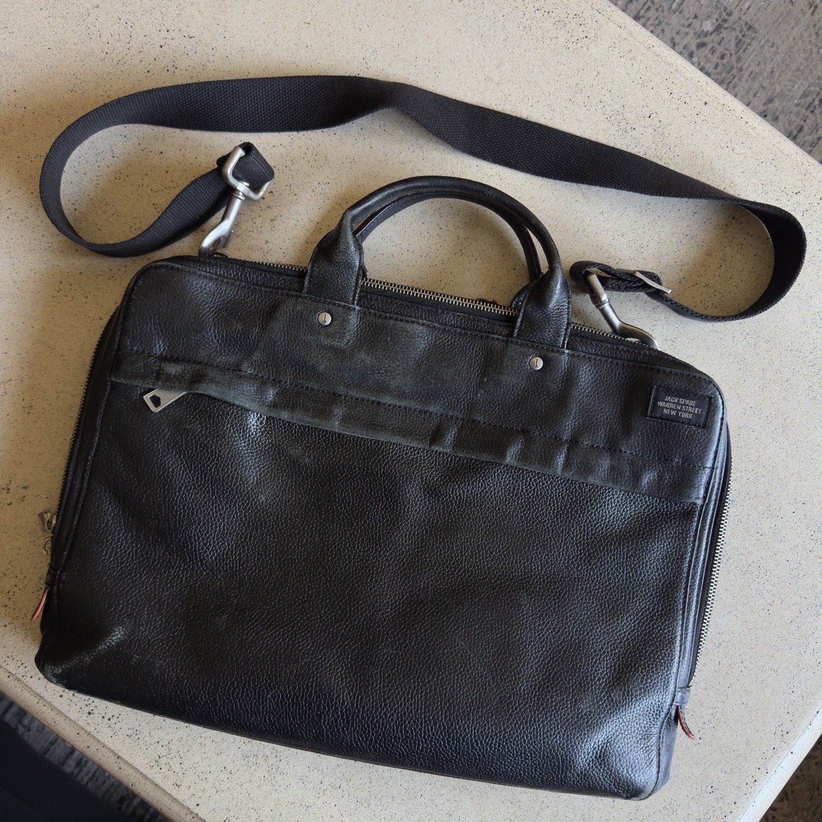 JACK SPADE Black Leather Laptop Bag Zip Briefcase Men Messenger READ
