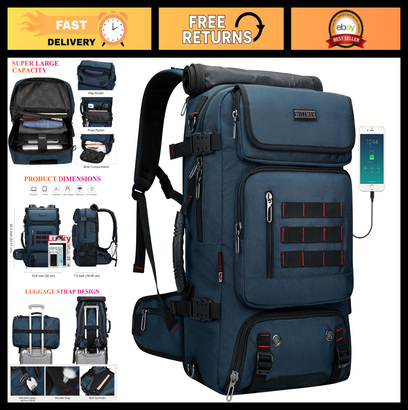 Travel Backpack for Men – Airline Approved, Fits 16″ Laptop, USB Charging, Duffl