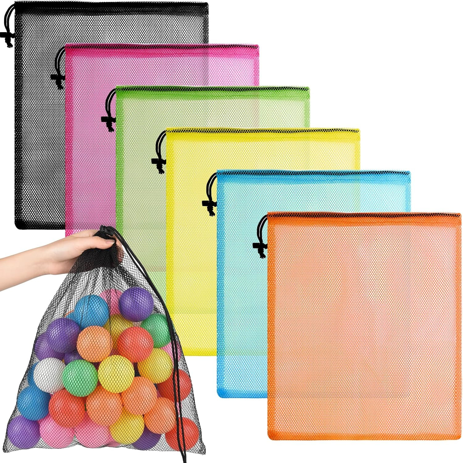 PLULON 6 Pcs Mesh Bag Drawstring Mesh Beach Bags, 18 X 12 Inch Nylon Drawstring