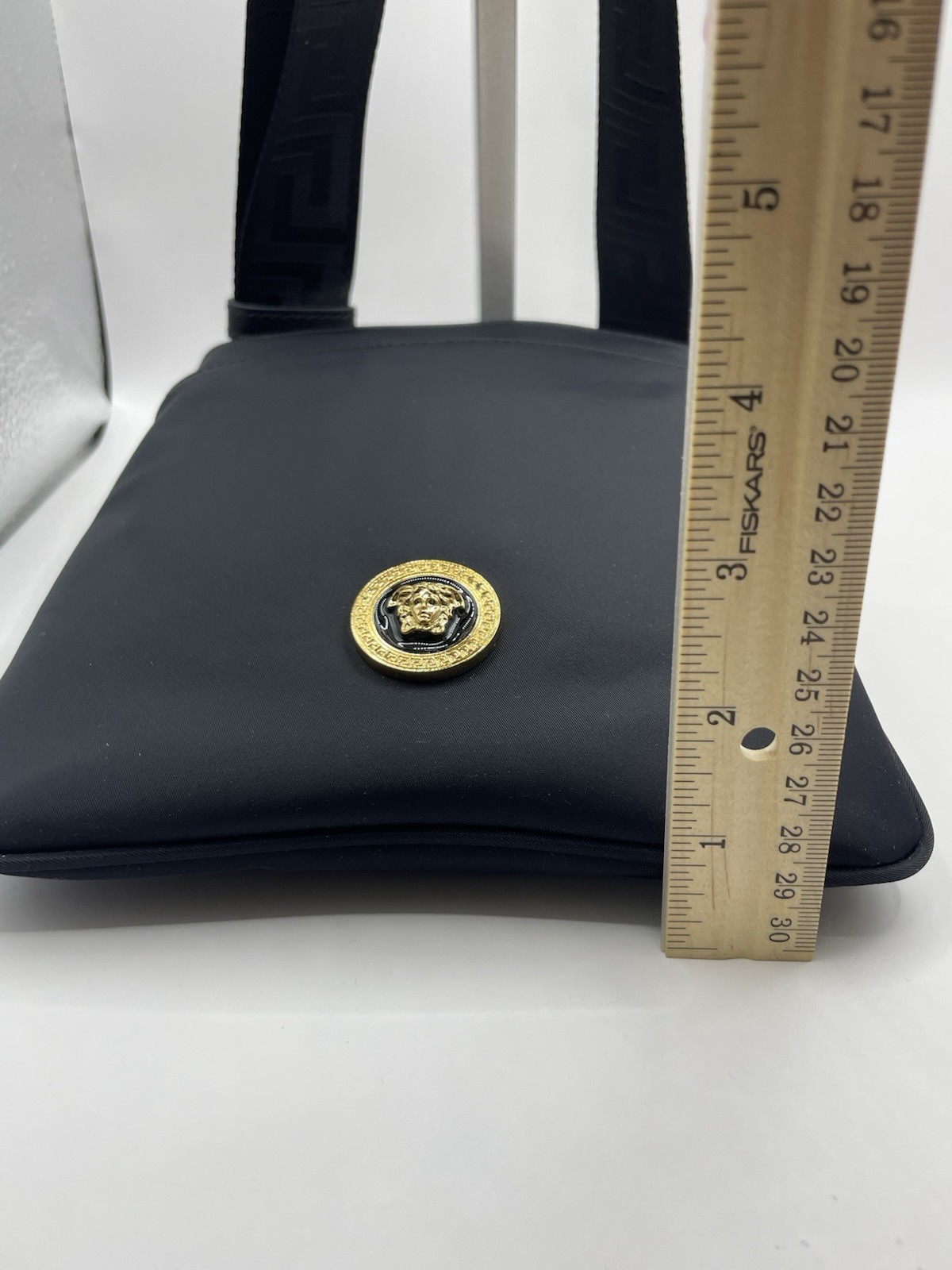 VERSACE Flat Crossbody Bag Fabric Calf Leather Black $800 Retail