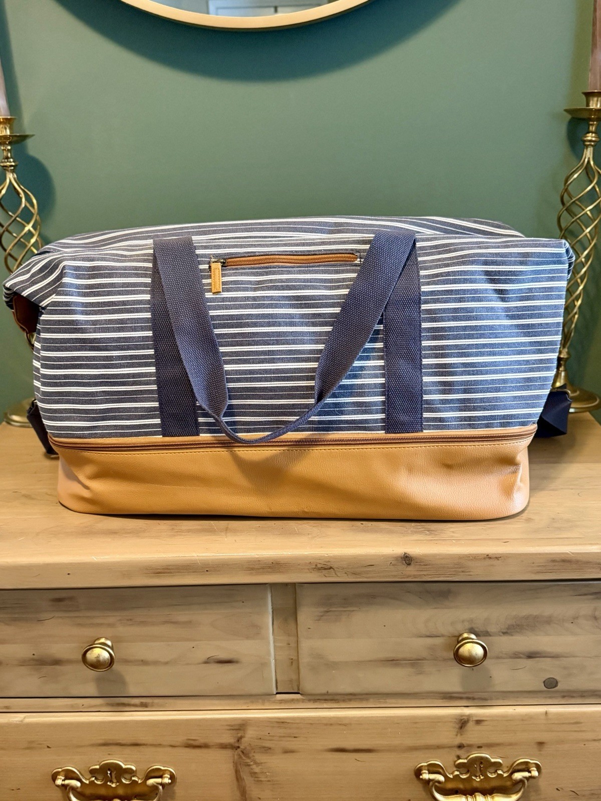 DSW Blue Striped Weekender Duffle Bag Large Travel Carry On Tote