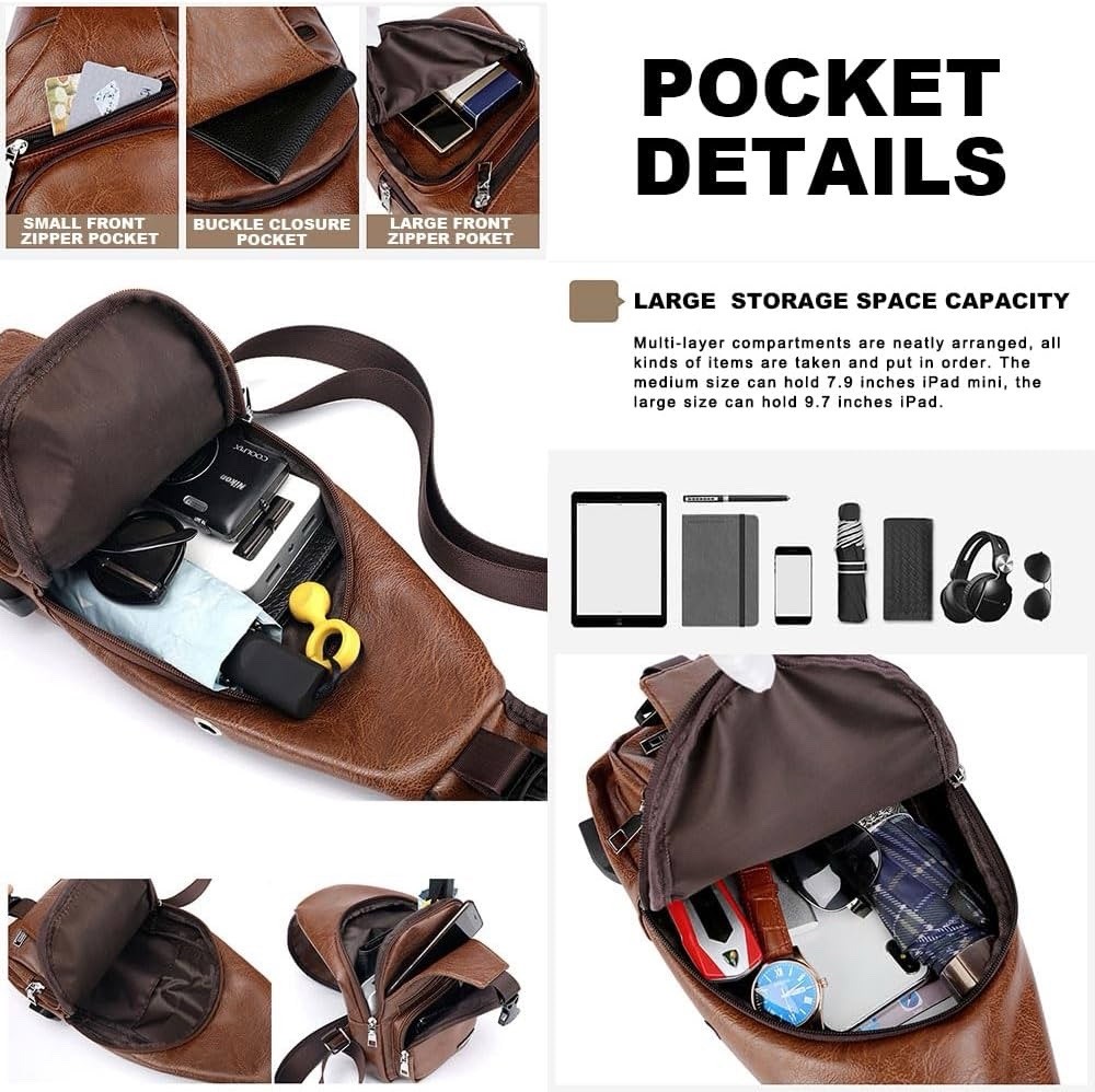 LEBULLBRO Men Sling Backpack Genuine Leather Chest Crossbody Travel Shoulder Bag