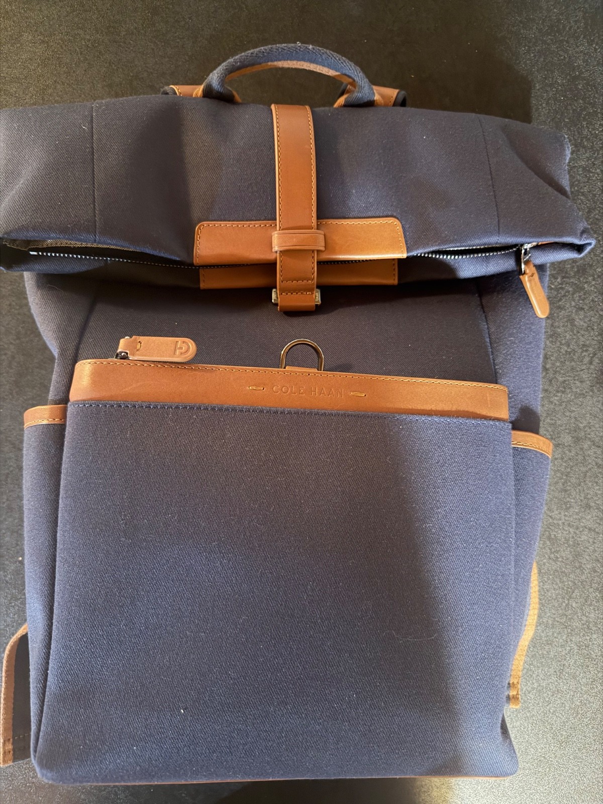Cole Haan Navy Canvas Backpack with Cognac Leather Trim