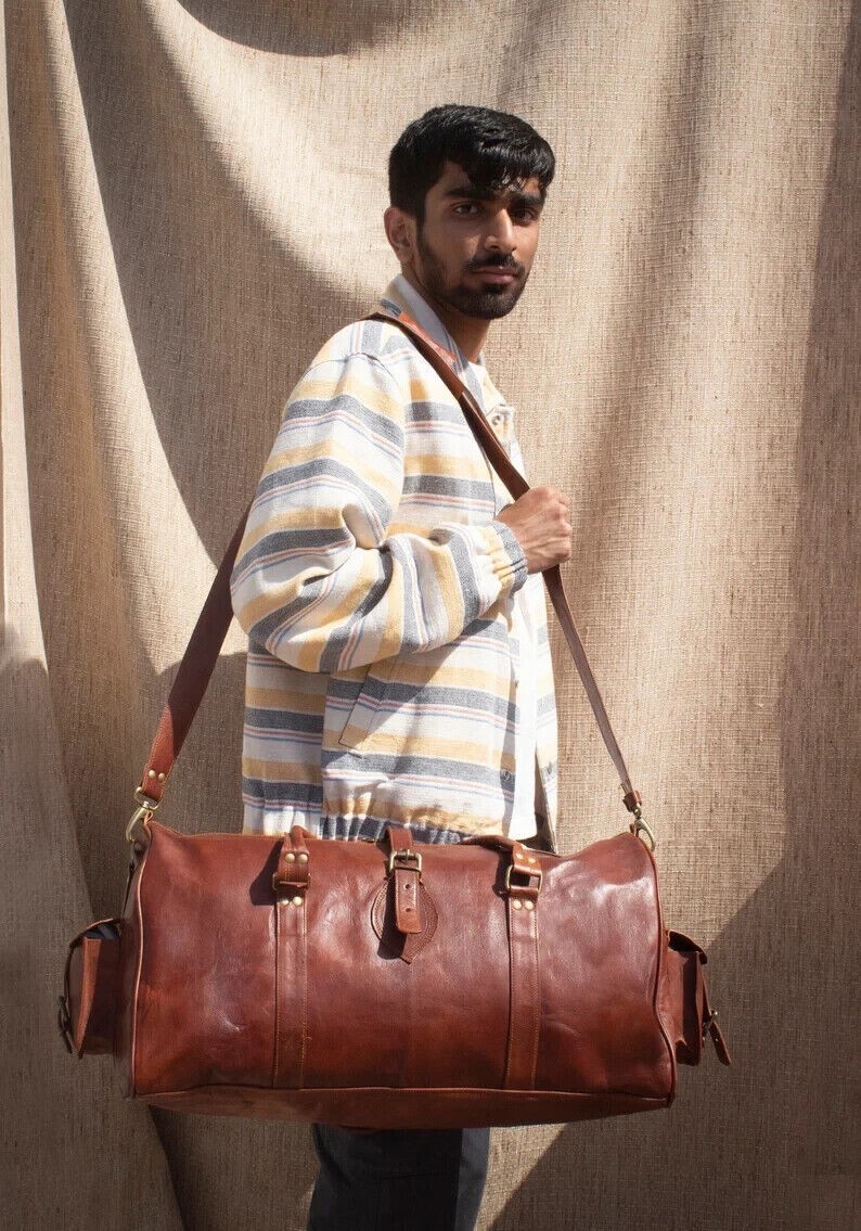 Leather Men Travel Gym Bag Luggage Duffel Genuine Vintage Top Notch Heavy Duty