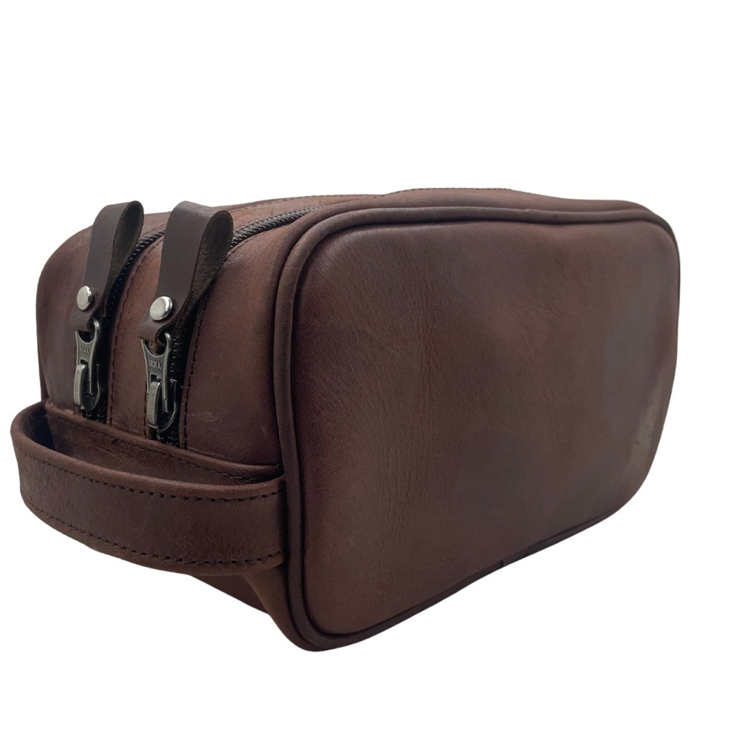 Premium Leather Toiletry Bag for Men – Compact Double Zipper Travel Dopp Kit