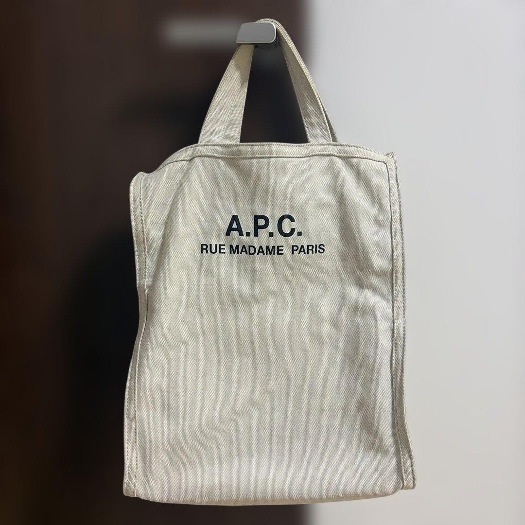 A.P.C. Canvas Tote Bag Cream Logo Print Casual Shopping Bag Unisex Used