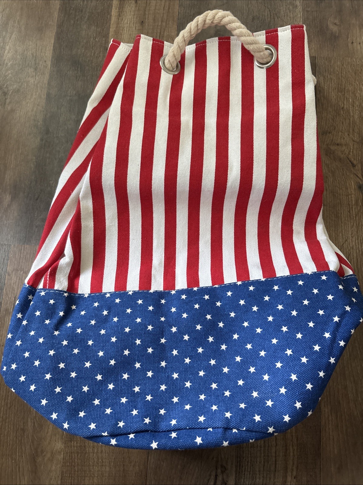 NWOT USA American Flag Tote Beach Bag Rope Handles BACKPACK Red White Blue