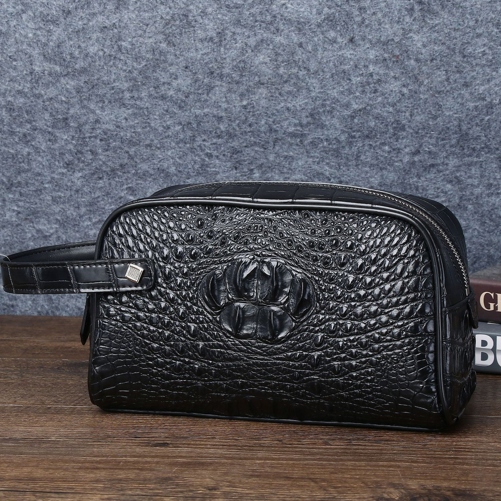 Top Cowhide Leather Men’s Clutch Bag Crocodile Pattern Zipper Handbag