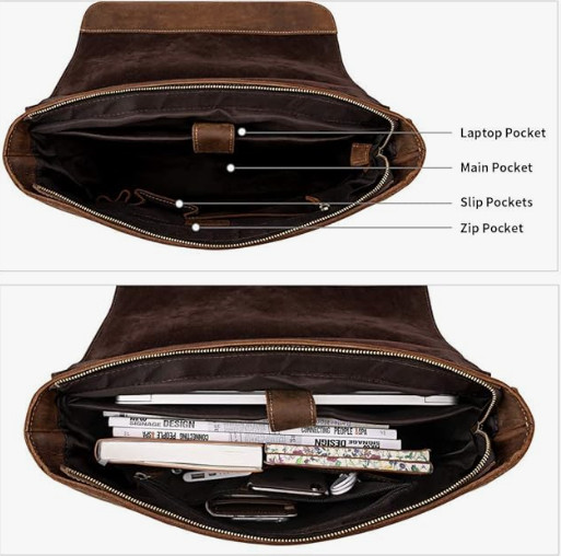 Kattee Men’s Leather Satchel Briefcase. Crazy Horse Full Grain – Fits 15” Laptop