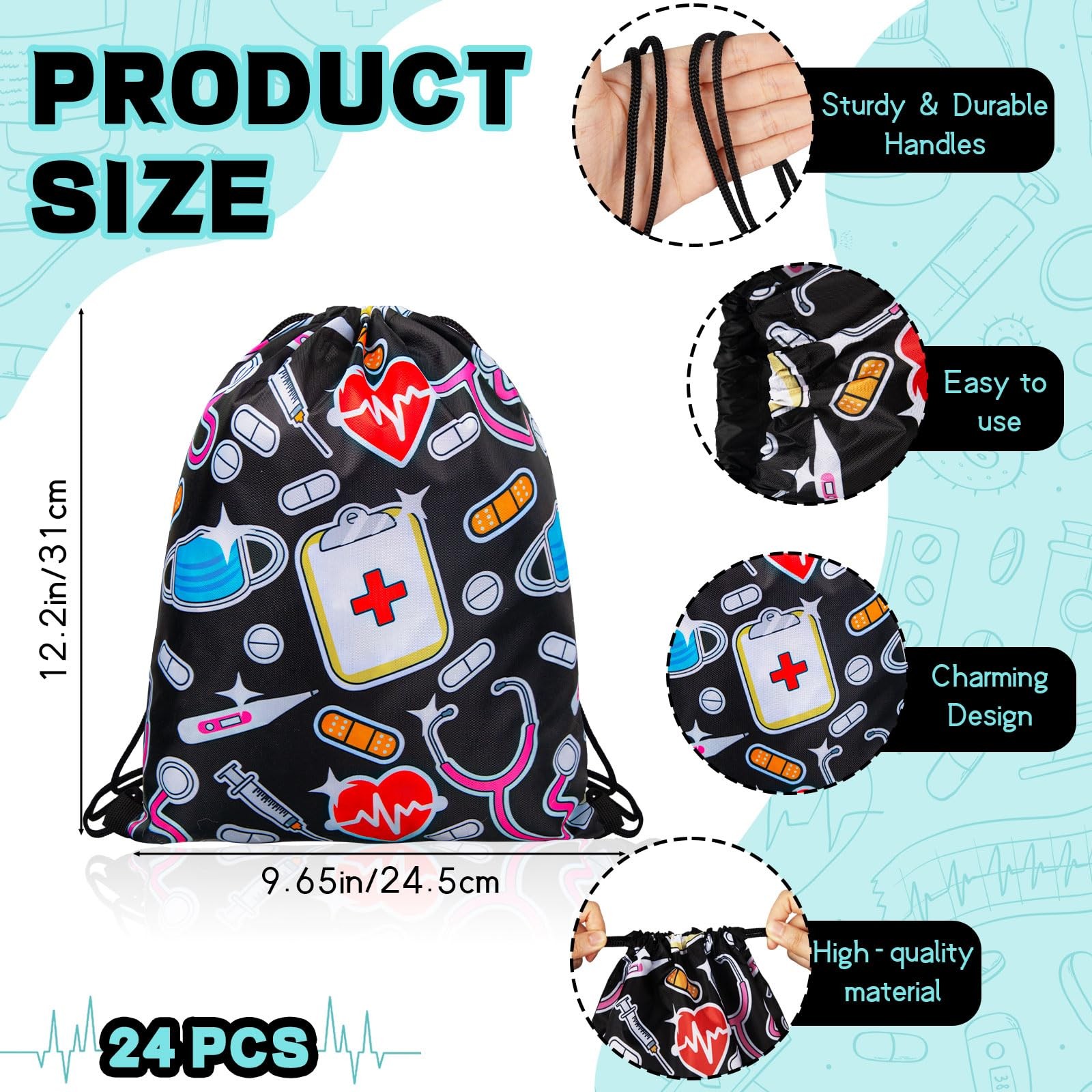 24 Pcs Nurse Drawstring Backpack Nurse Themed Pattern Shoulder Bags Funny Nur…