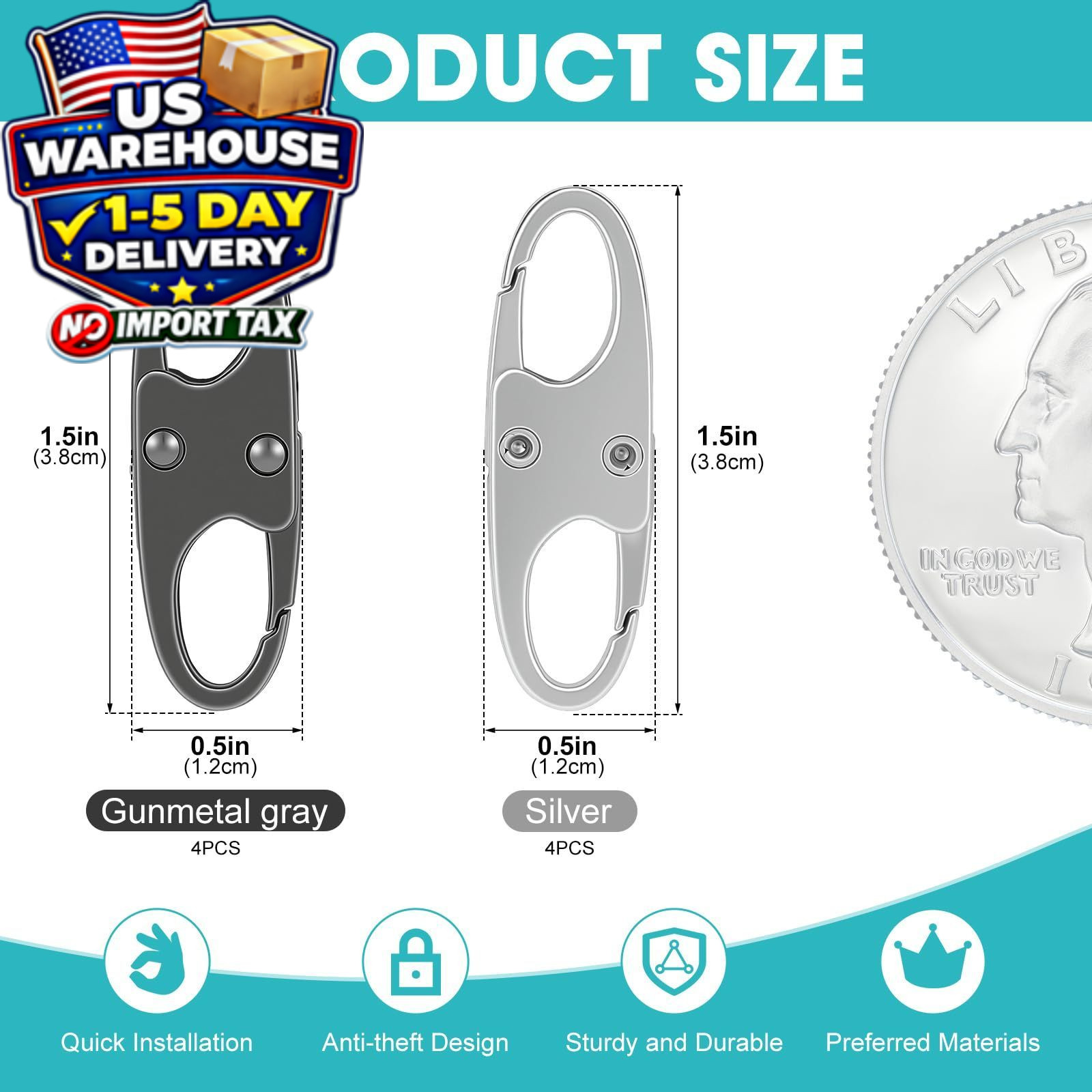 8 Pcs Anti-Theft Carabiner Clip Double Zipper Pull Zinc Alloy Backpack Clip