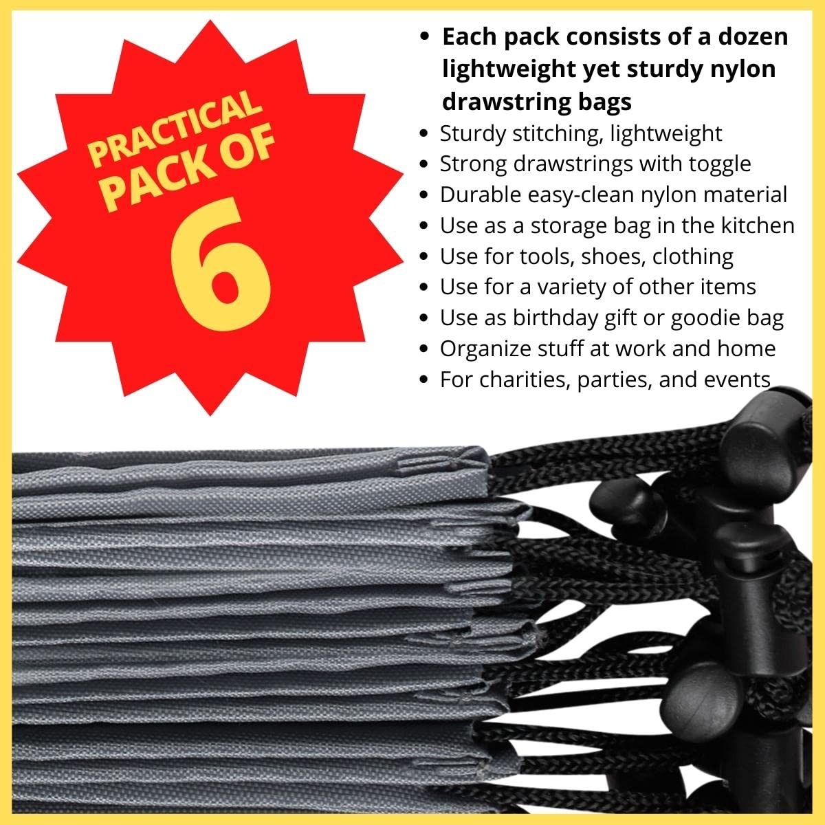PALTERWEAR Drawstring Pouch with Toggle (12 x 16 Inch, 6 Pack, Grey) Nylon Ci…