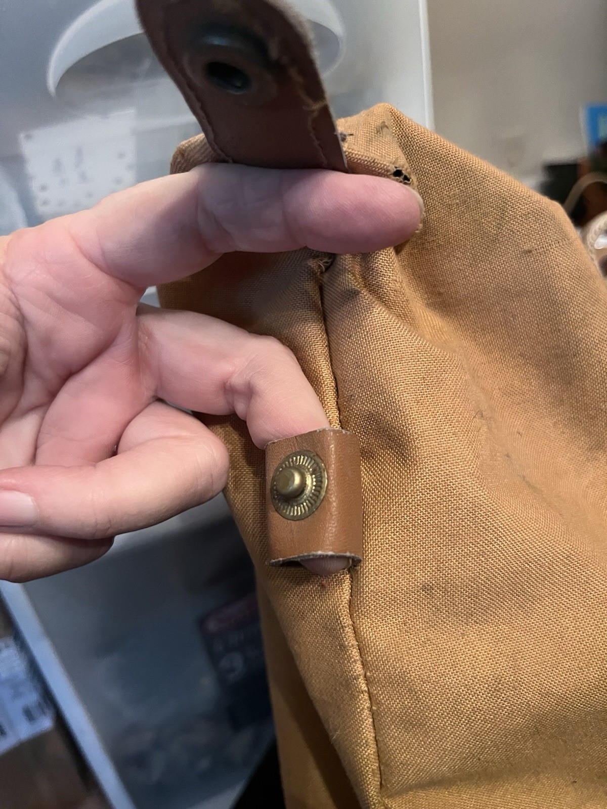 Vintage 1970’s Distressed Tan Canvas Duffle Bag Leather Straps Used With Holes