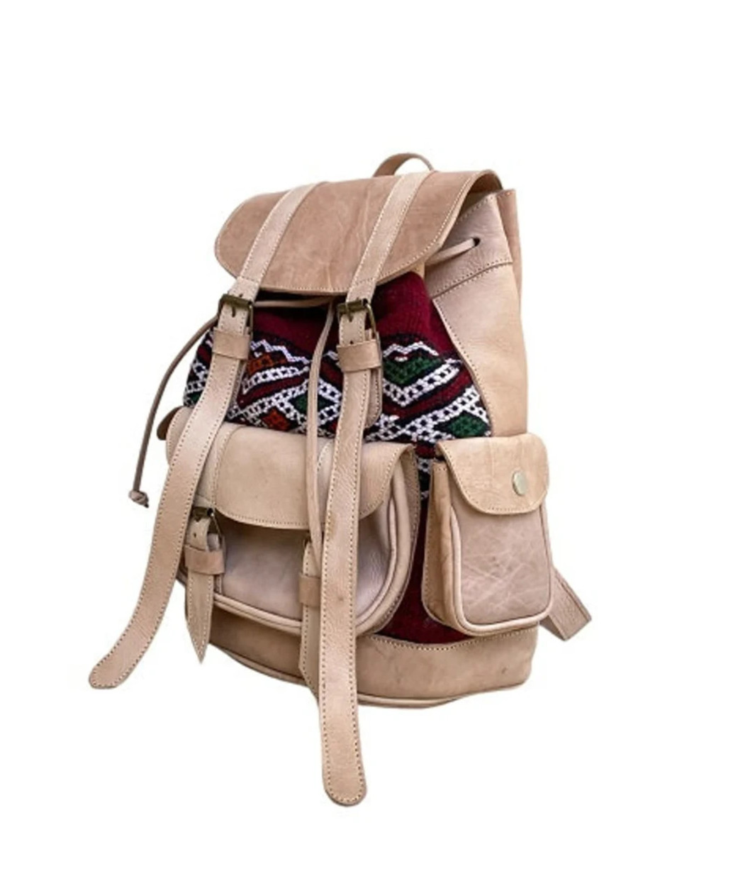 Handcrafted Genuine Leather & Red Kilim Backpack – Brown Leather | Central Zip