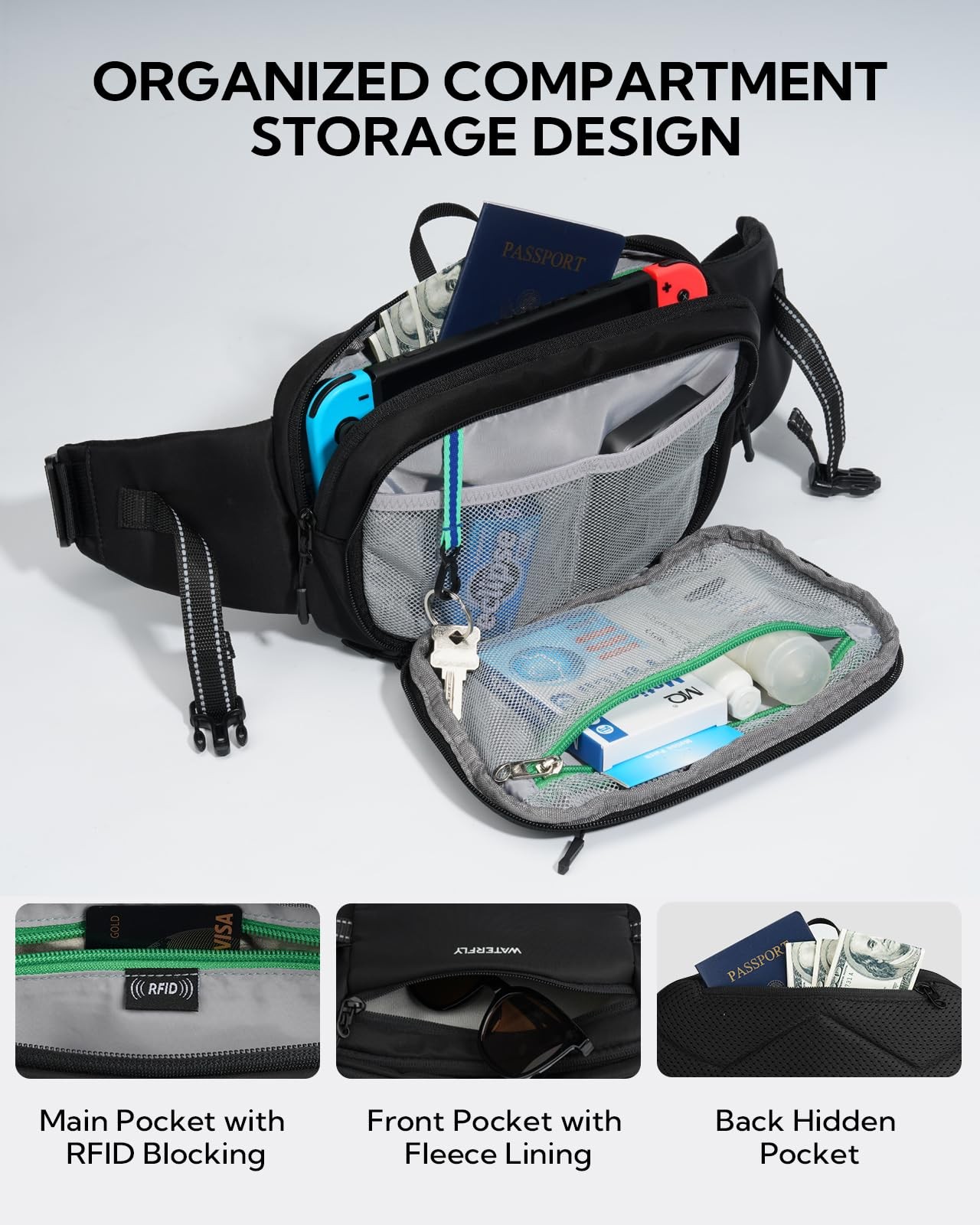 WATERFLY 3L Large Fanny Pack, 180° Opening Hip Pouch with Multi-Pockets, Anti…