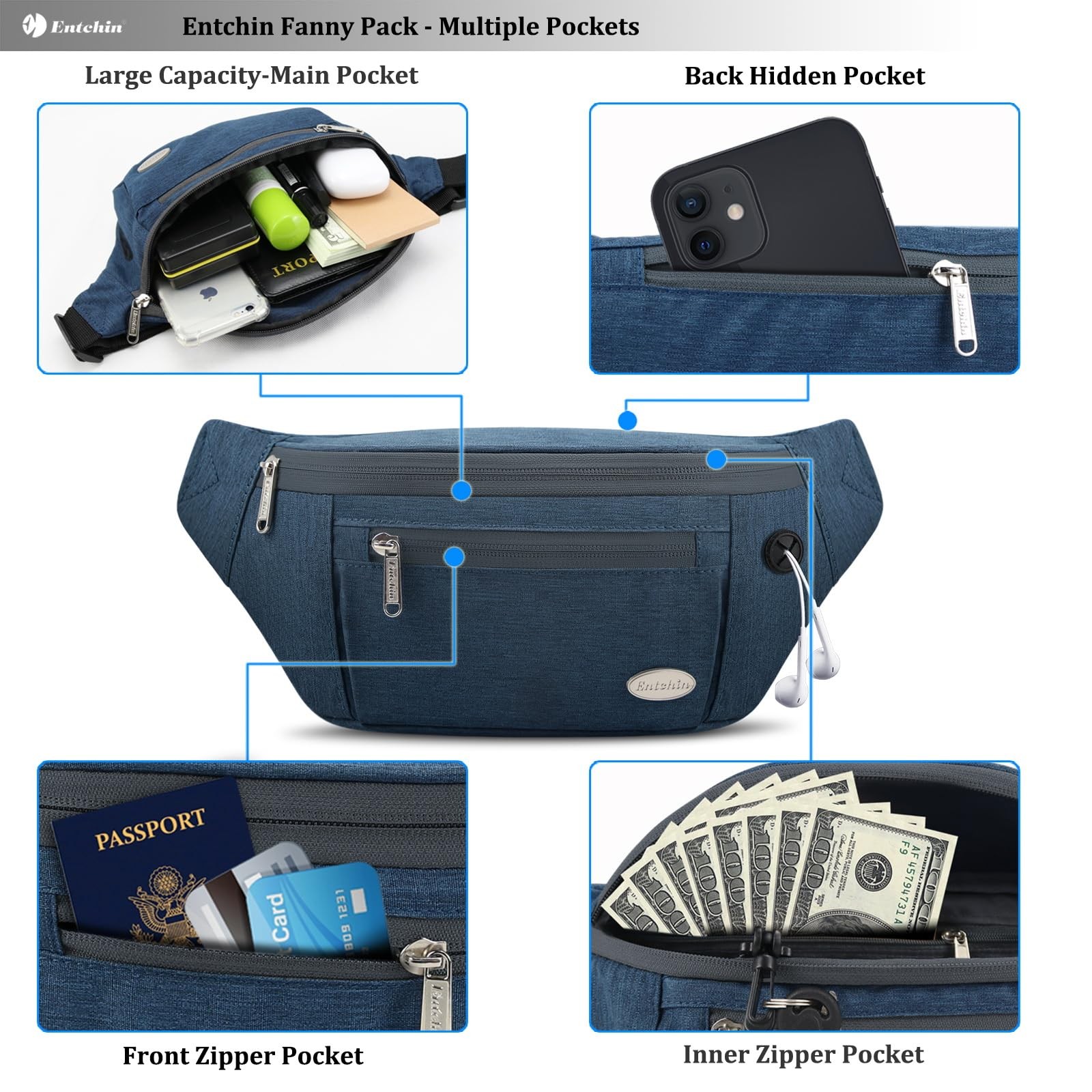 Fanny Pack For Men Women 4-Zipper Pockets Adjustable Waist Bag Travel