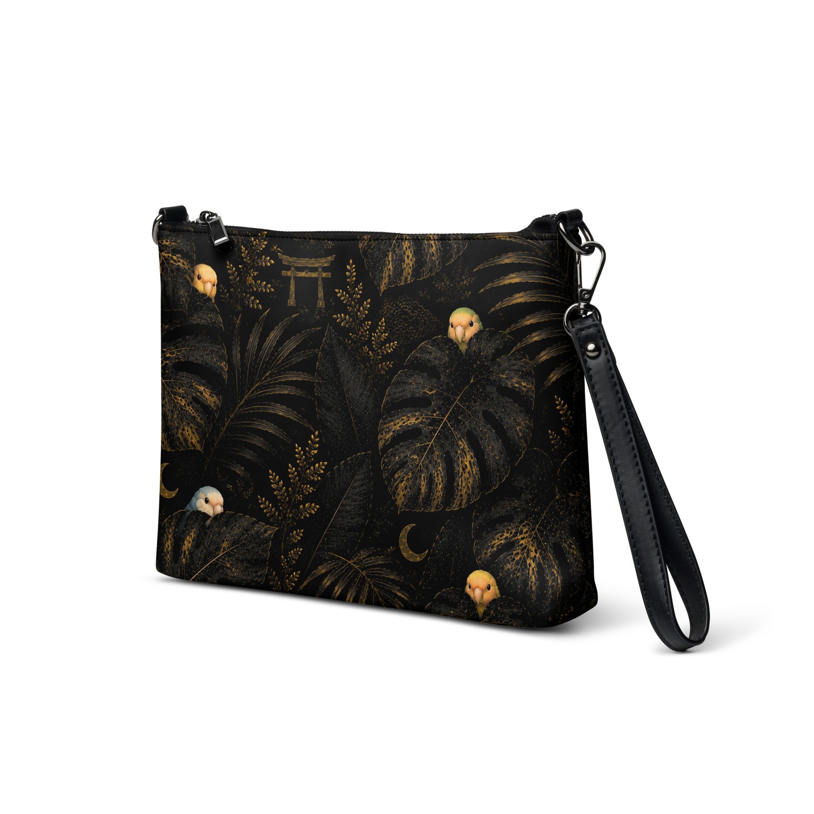 Lovebird Crossbody Bag, Black Gold Bird Purse, Faux Leather Handbag
