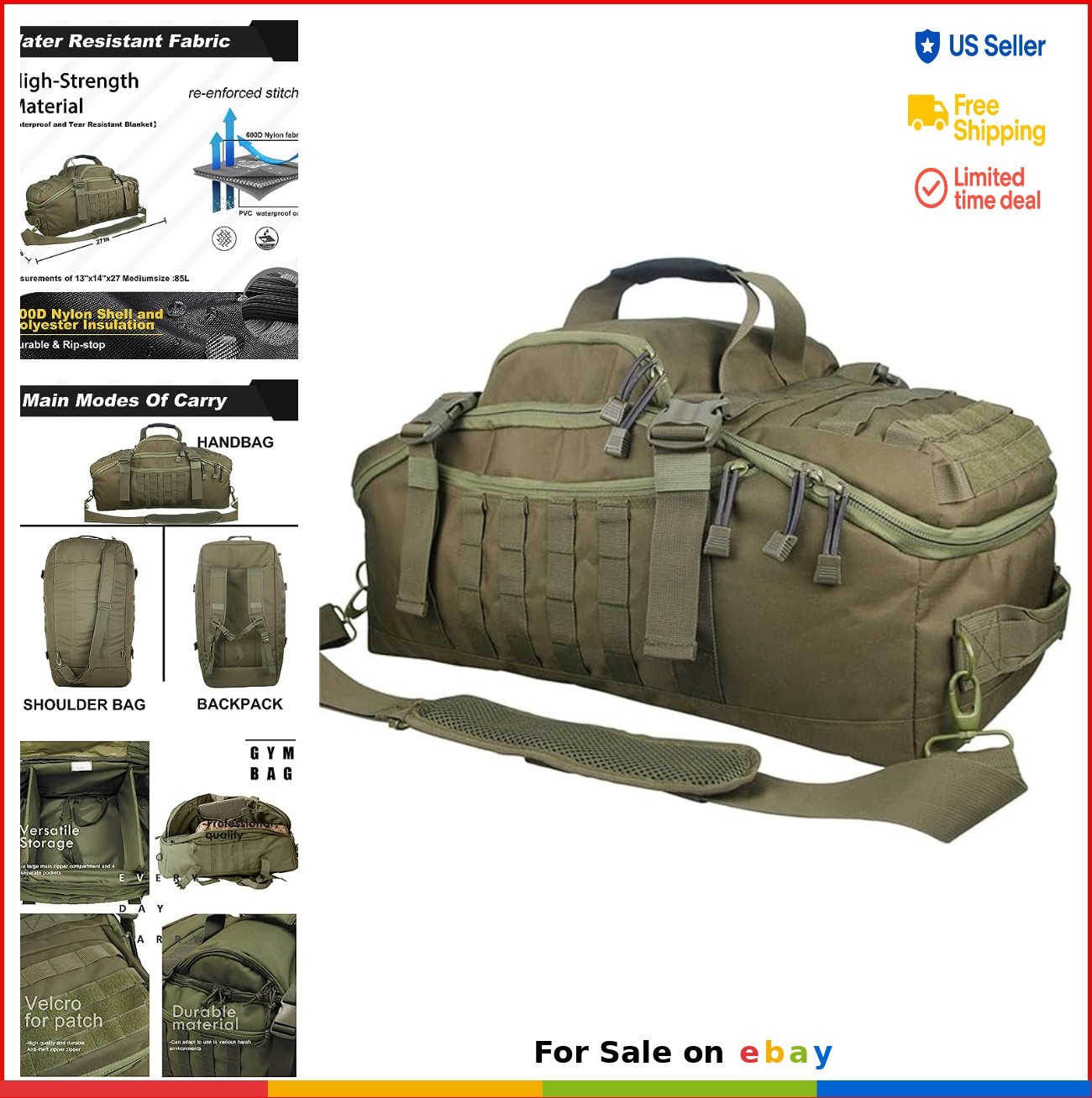 3 in 1 Military Backpack Travel Duffle Bag Gym Weekender Workout Deployment 85L