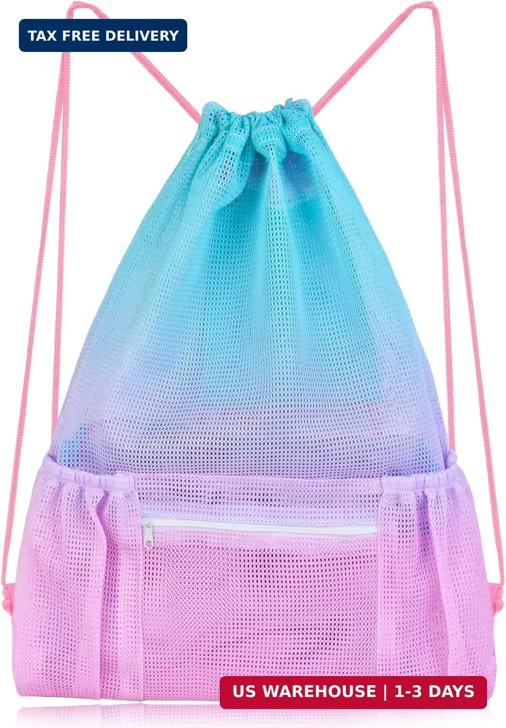 Mesh Drawstring Bag with Zipper Pocket, Beach Bag for Swimming Gear Backpack Gym