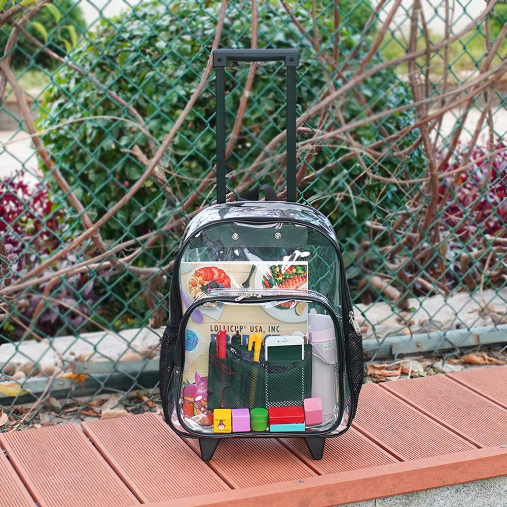 Rolling Clear Backpack, Heavy Duty See Through Bookbag, Transparent with Wheels