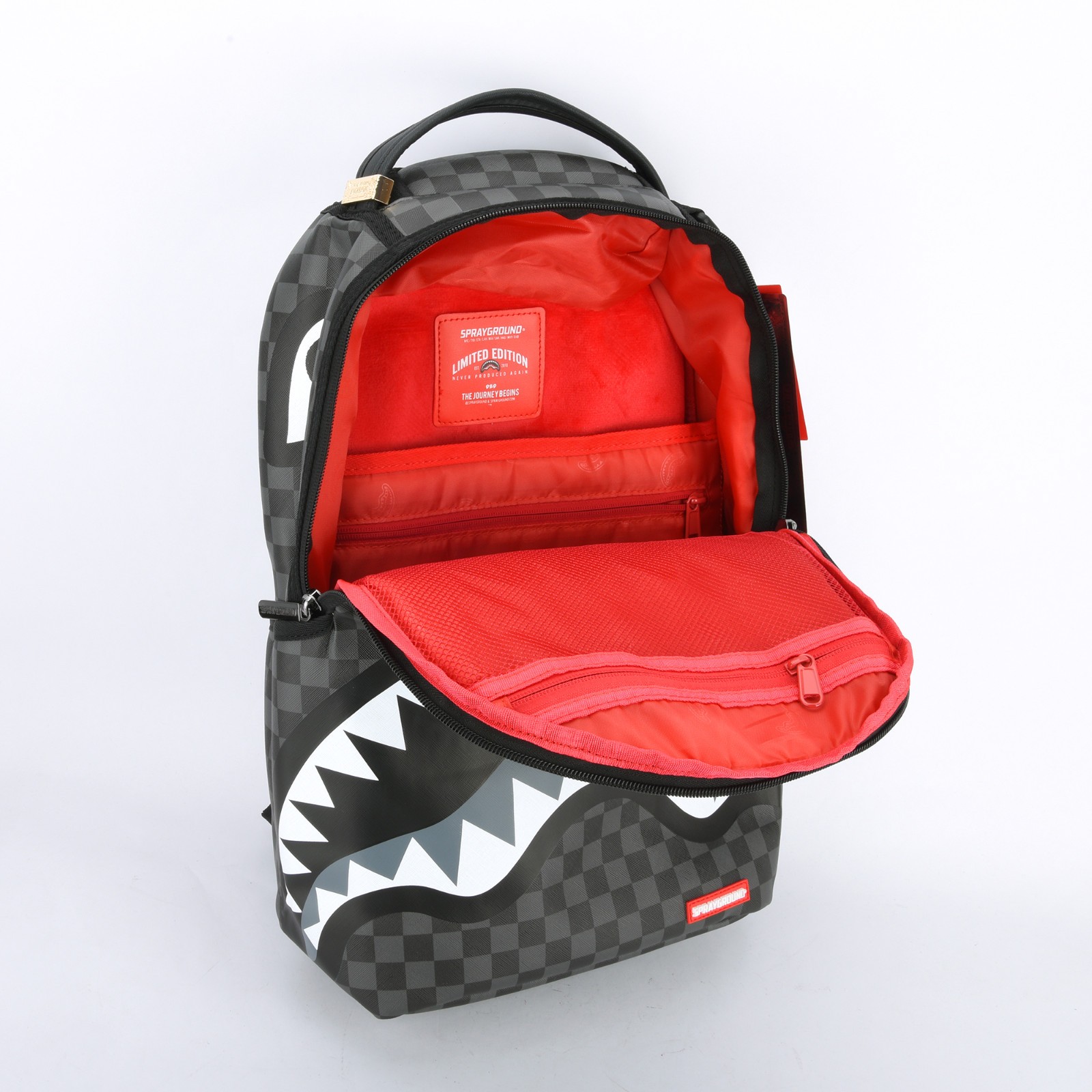 Sprayground Shark Lights Out Effect Leather Backpack Unisex Plaid Black Gray