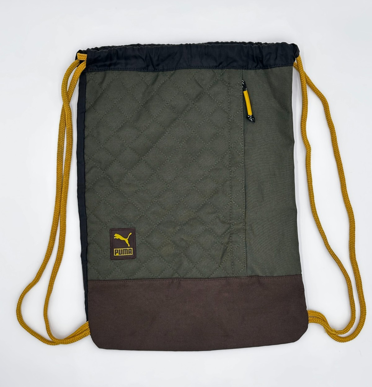 Puma Cinch Sack Dark Green/Brown/Black Quilted Gym Bag Yellow Rope