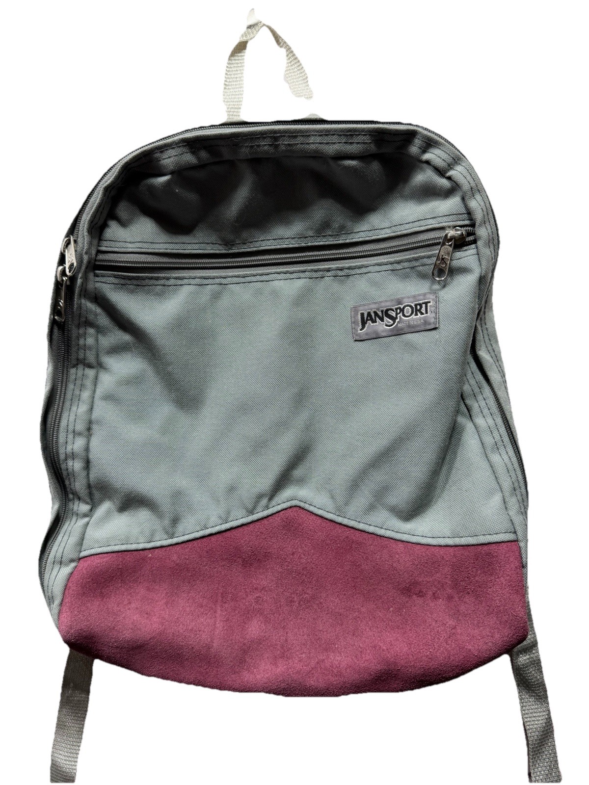 Vintage Jansport Gray Maroon Retro Suede Leather Bottom Backpack Made In USA