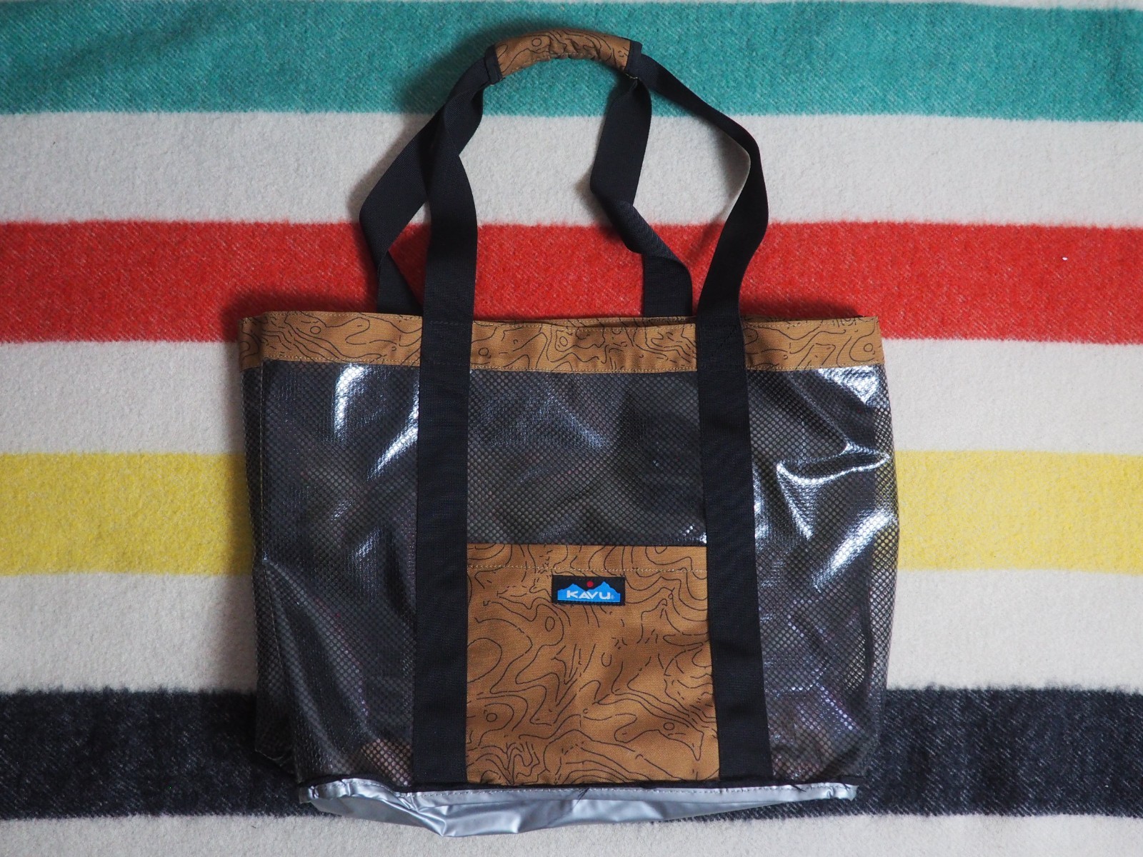 Kavu Seattle Topo Brown Black Outdoor Camp Hike Strap Tote Bag Logo 15×20