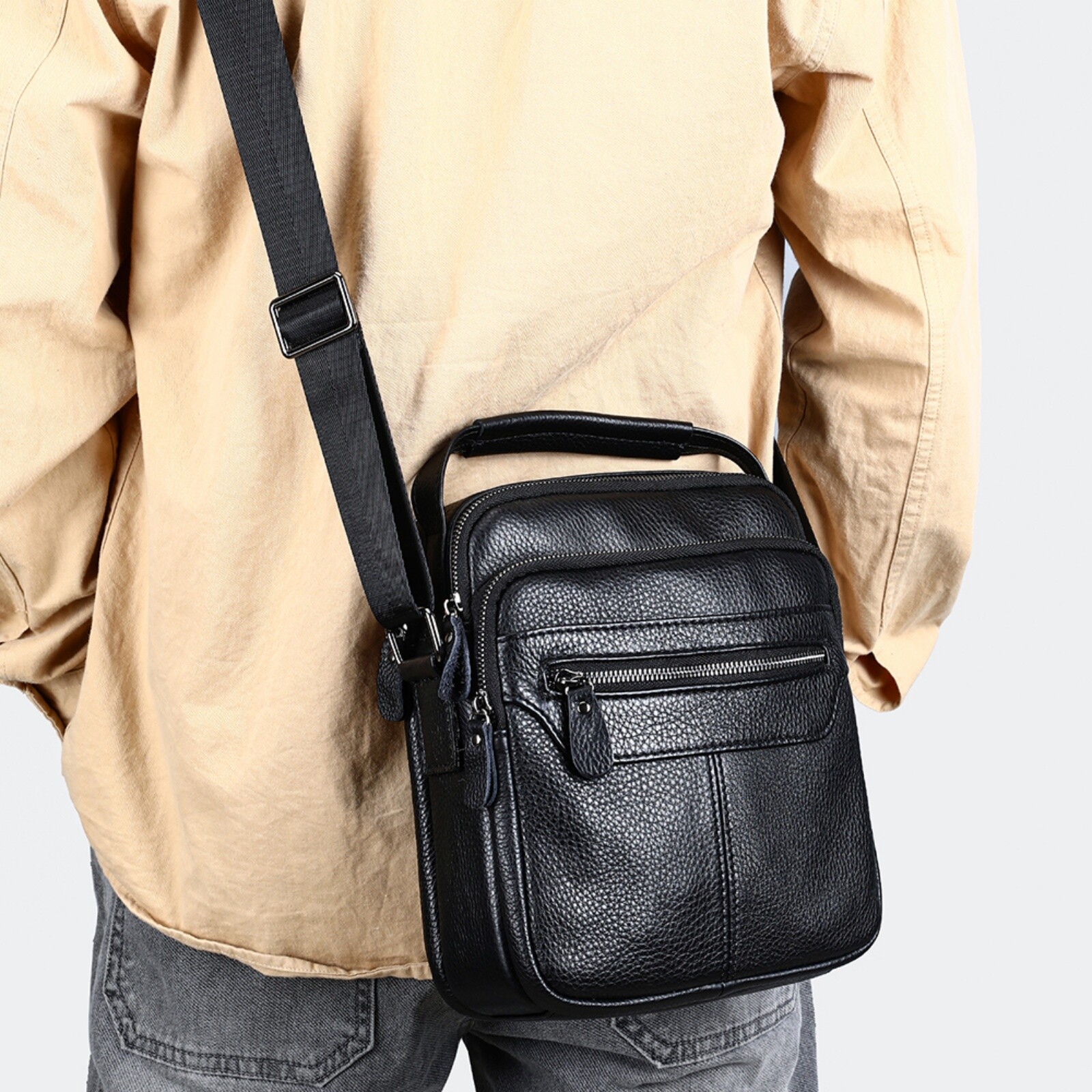 Men’s Genuine Leather Shoulder Bag Crossbody Messenger with Pockets Black