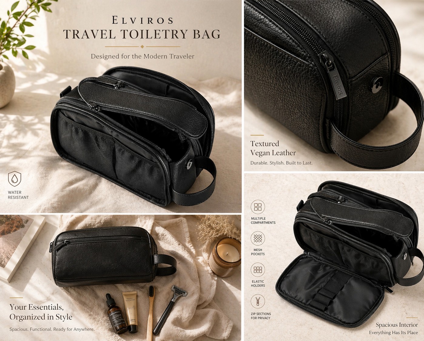 Travel Toiletry Bag Mens L PU Leather Dopp Kit Water Resistant Organizer Black