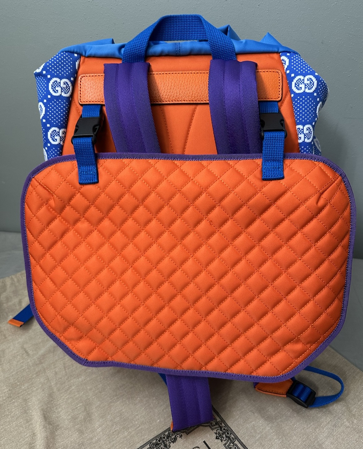 Gucci GG Allover Jersey Backpack w/ Detachable Front Panel Blue/Purple Authentic