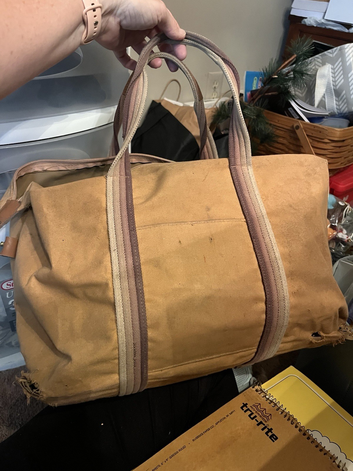 Vintage 1970’s Distressed Tan Canvas Duffle Bag Leather Straps Used With Holes