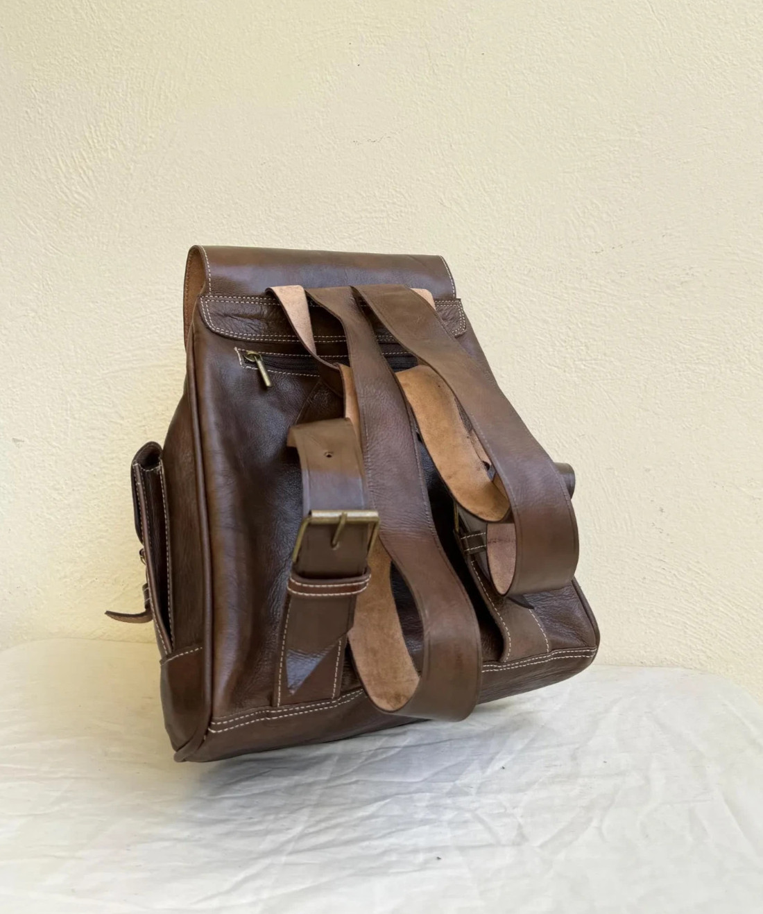 Handcrafted Genuine Leather & Red Kilim Backpack – Brown Leather | Central Zip