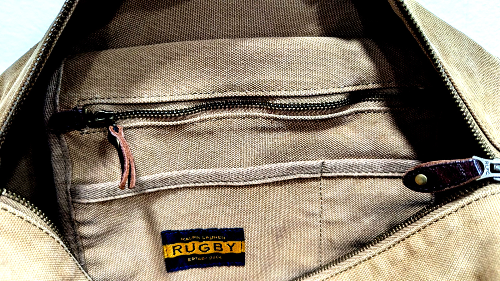 Vtg RALPH LAUREN RUGBY Tote Bag Canvas Leather Handles Shoulder Luggage Logo *