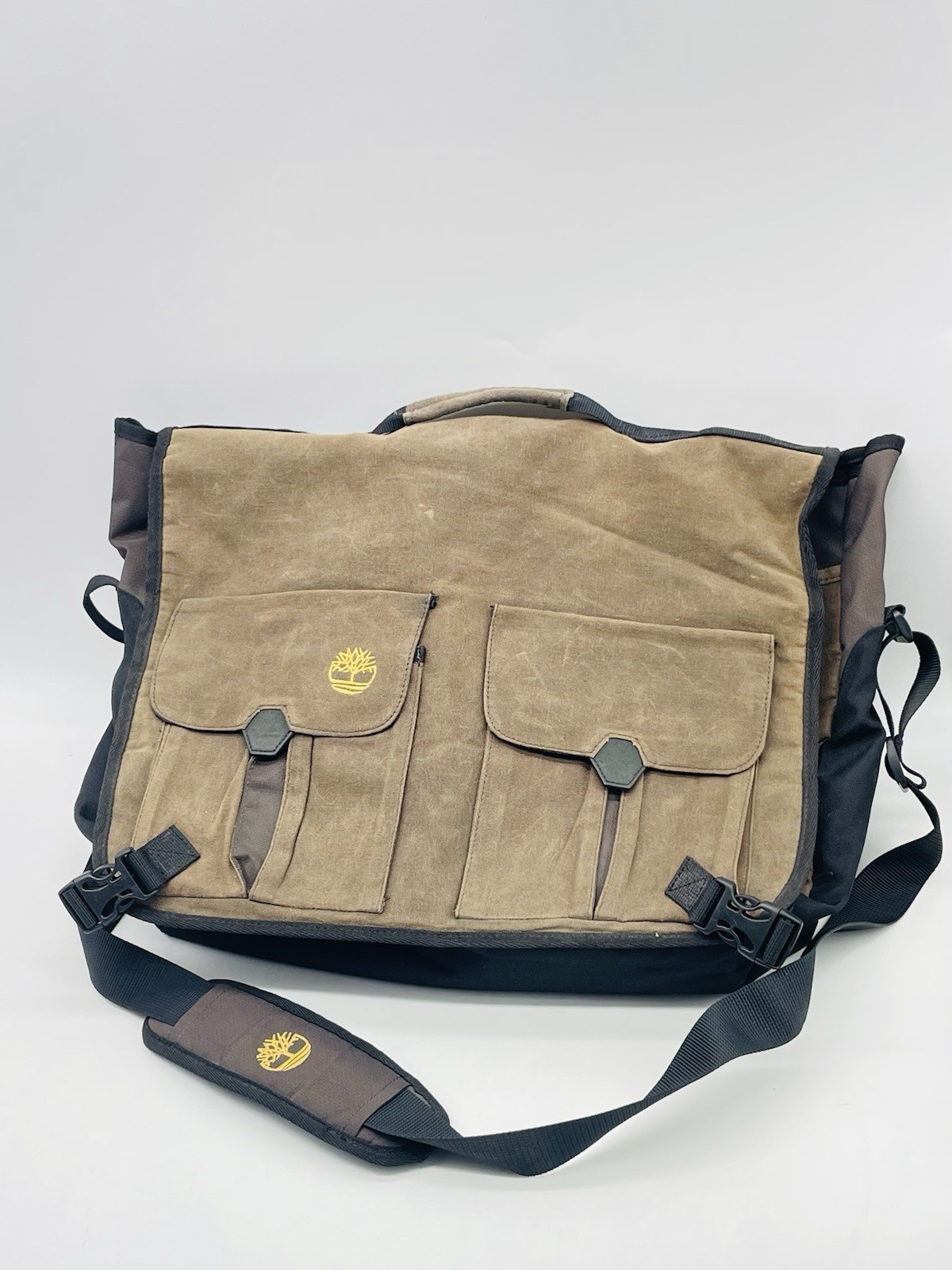 Timberland Brown/Black Canvas Large Messenger Bag Men Adjustable Shoulder Strap