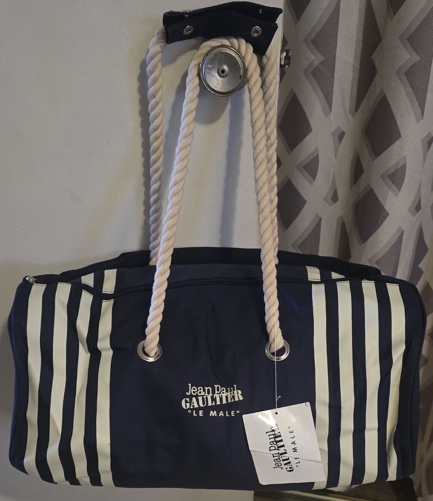 Jean Paul Gaultier Le Male Navy White Striped Duffle Bag Rope Handles Men’s