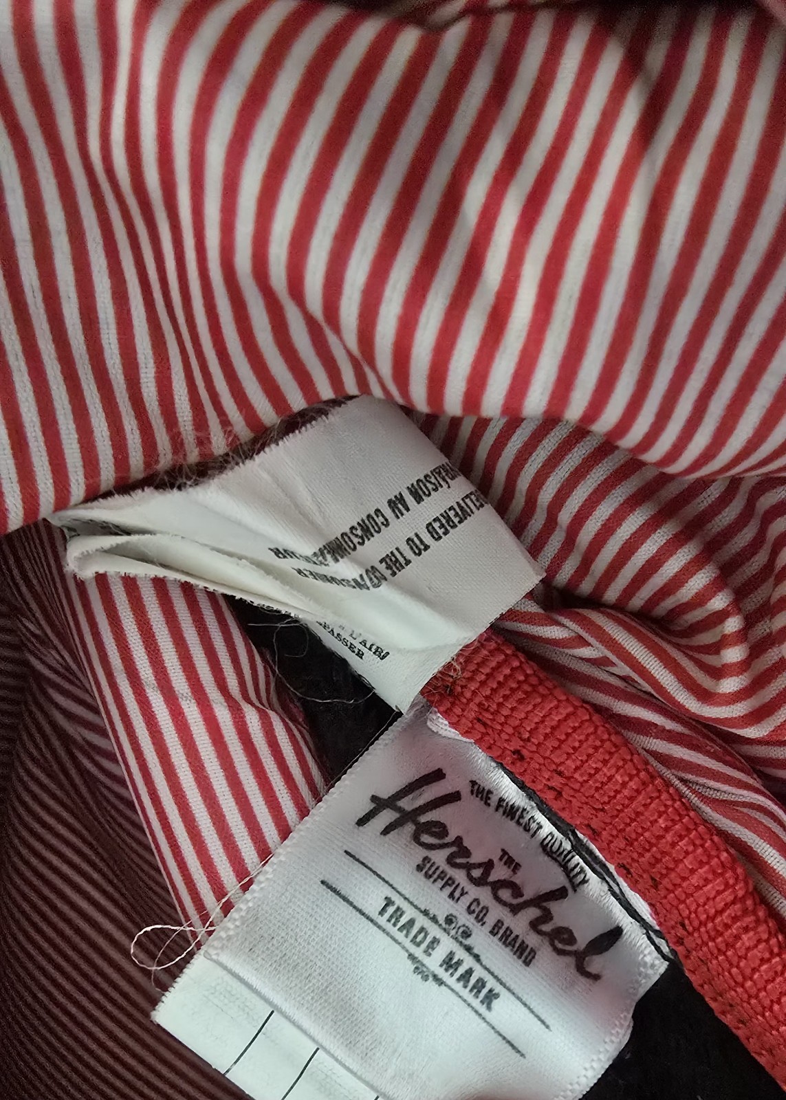 Herschel Backpack Black, Brown Straps, Red/White Striped Interior Large Flap Bag