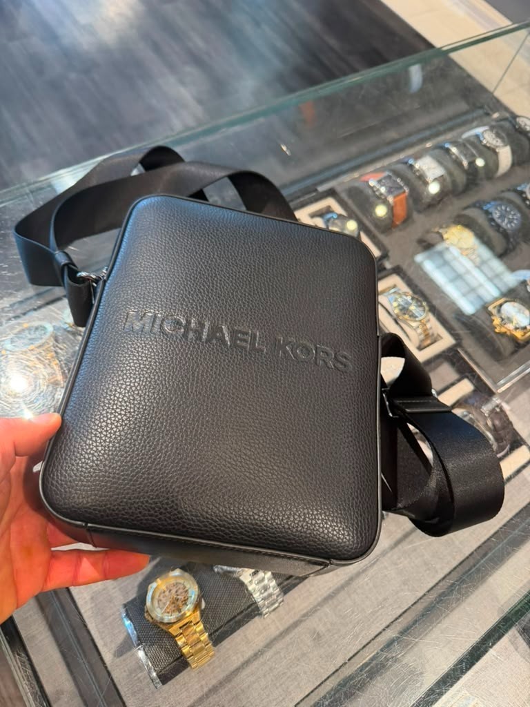 Michael Kors Cooper Grained Leather Messenger Travel Bag Embossed Logo Black Men