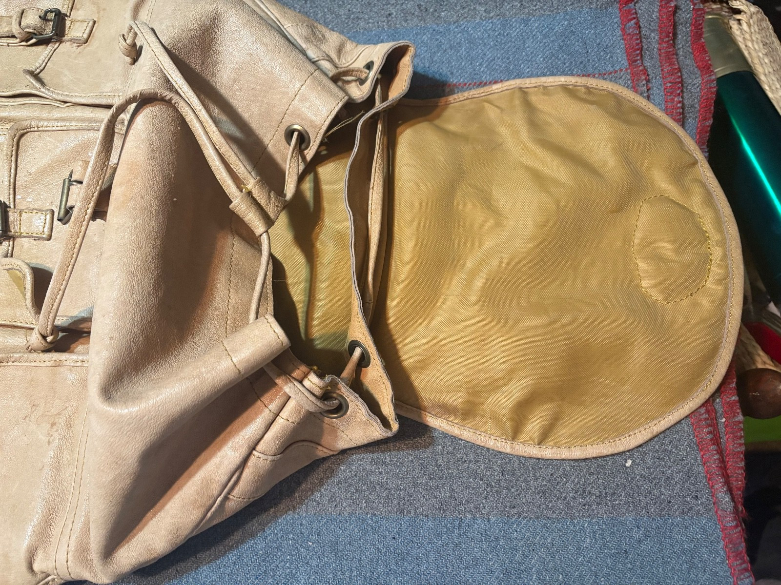 Vintage Genuine Leather Drawstring Backpack Tan Khaki Vintage Style Men’s Camel