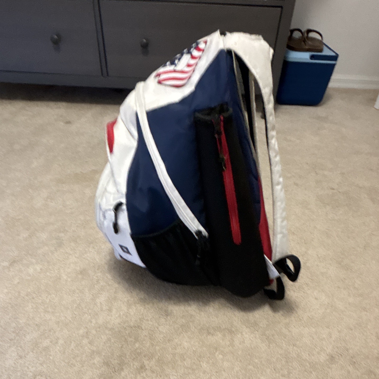 DeMarini USA Flag Colorblock Backpack White Blue Red Black Padded Zip Pockets