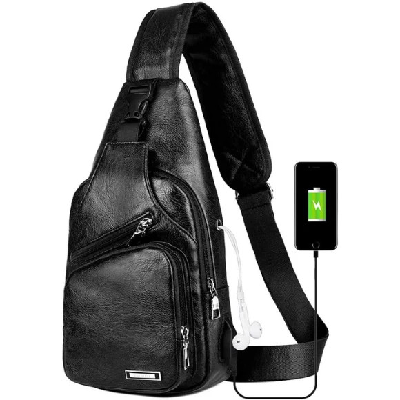 Black Chest Crossbody Bag Sling Backpack with USB Charge Port Men Hole
