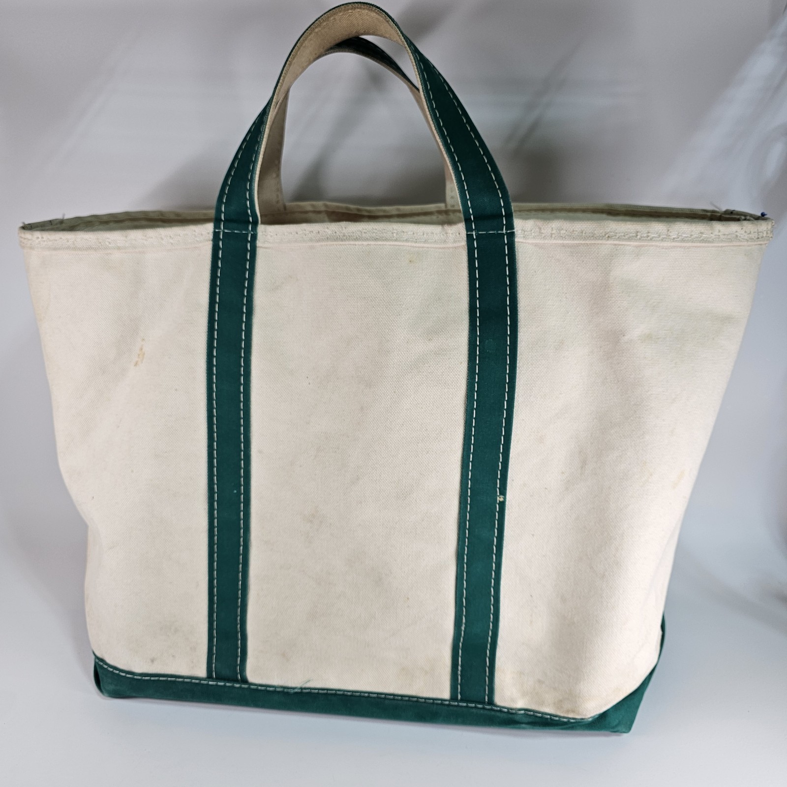 Vtg LL Bean Boat And Tote Bag Canvas Green Zip Top Heavyweight Large 21x13x7