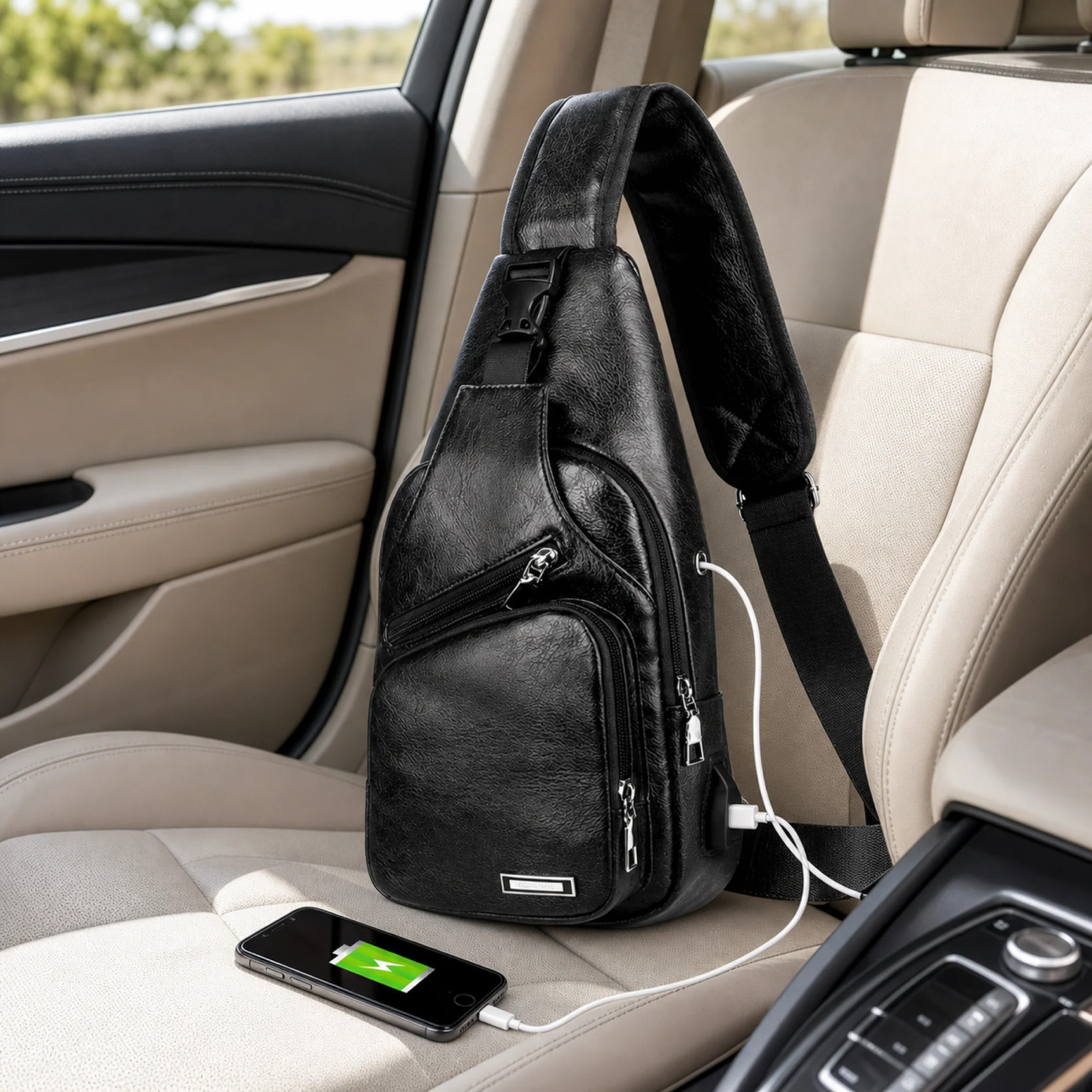 Black Chest Crossbody Bag Sling Backpack with USB Charge Port Men Hole