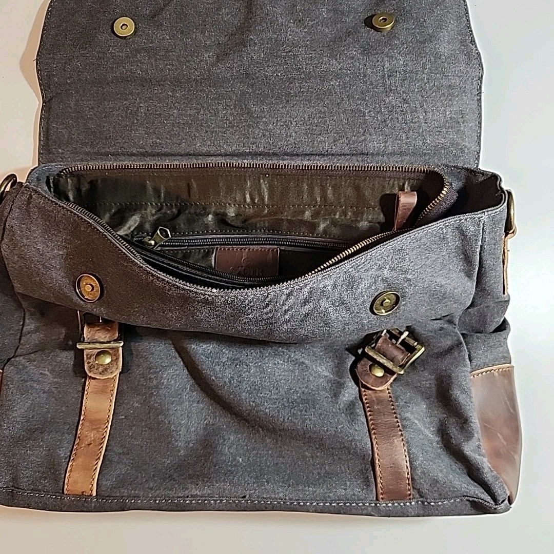 Messenger Bag Canvas, Leather Trim, Gray Distressed, Top Handle No Strap