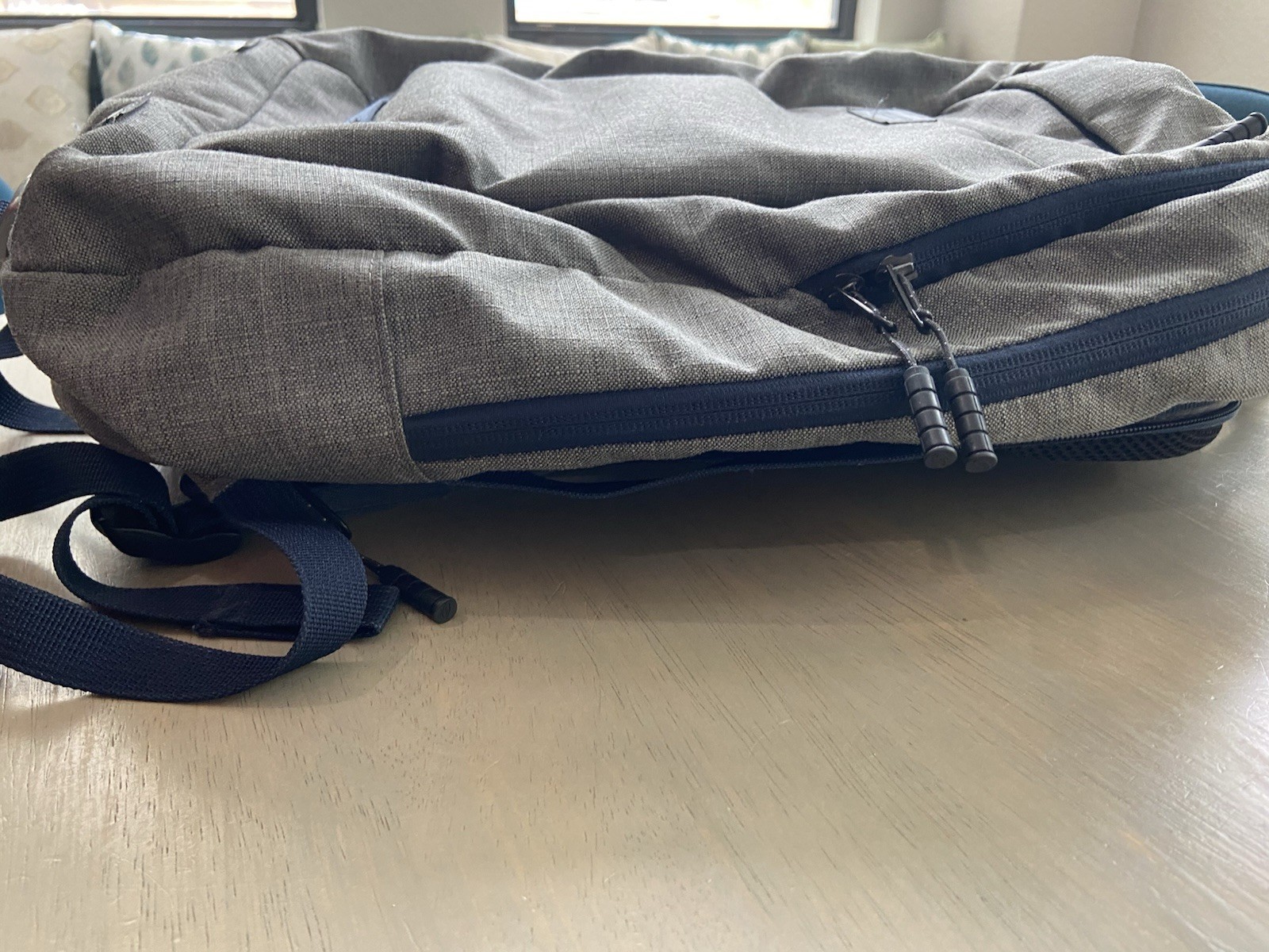 Timbuk2 Laptop Backpack Gray With Navy Trim. Zippers, Separate Laptop Compartmen
