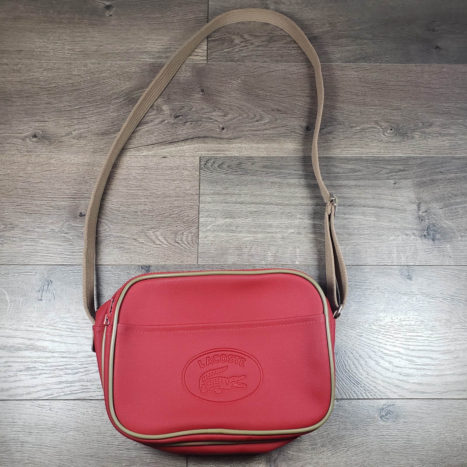 Lacoste Red Brown Unisex Flat Rectangle Box Crossover Bag Cross Body Pouch