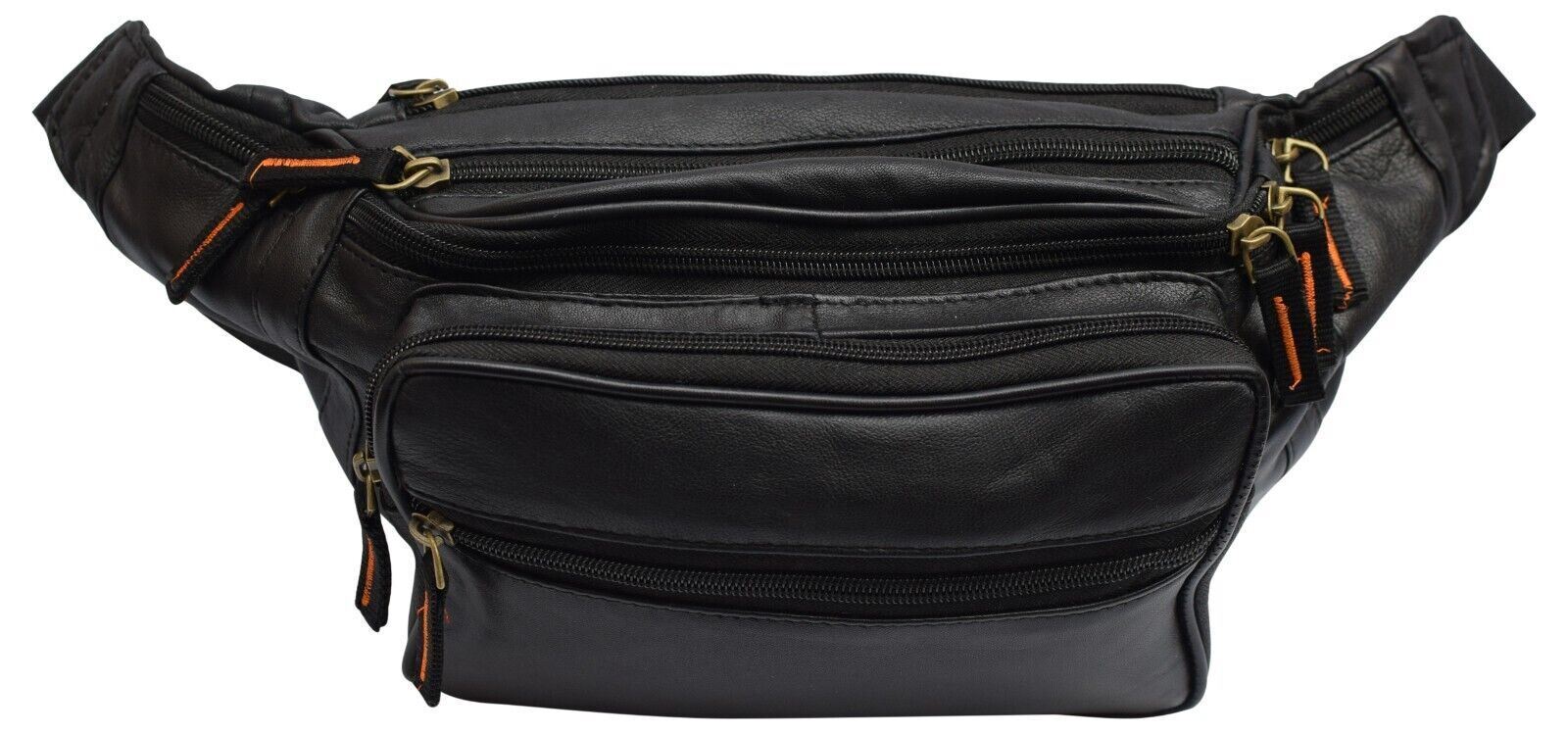 Genuine Leather Fanny Pack Multi Zippered Waist Bag Hip Belt Purse Black Pouch