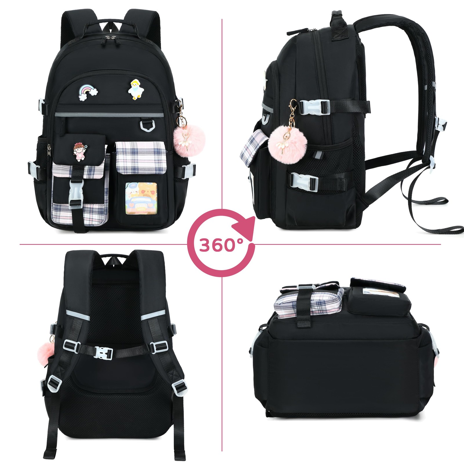 Black Backpack Girls 15.6 Inch Laptop School Bag Kindergarten Elementary