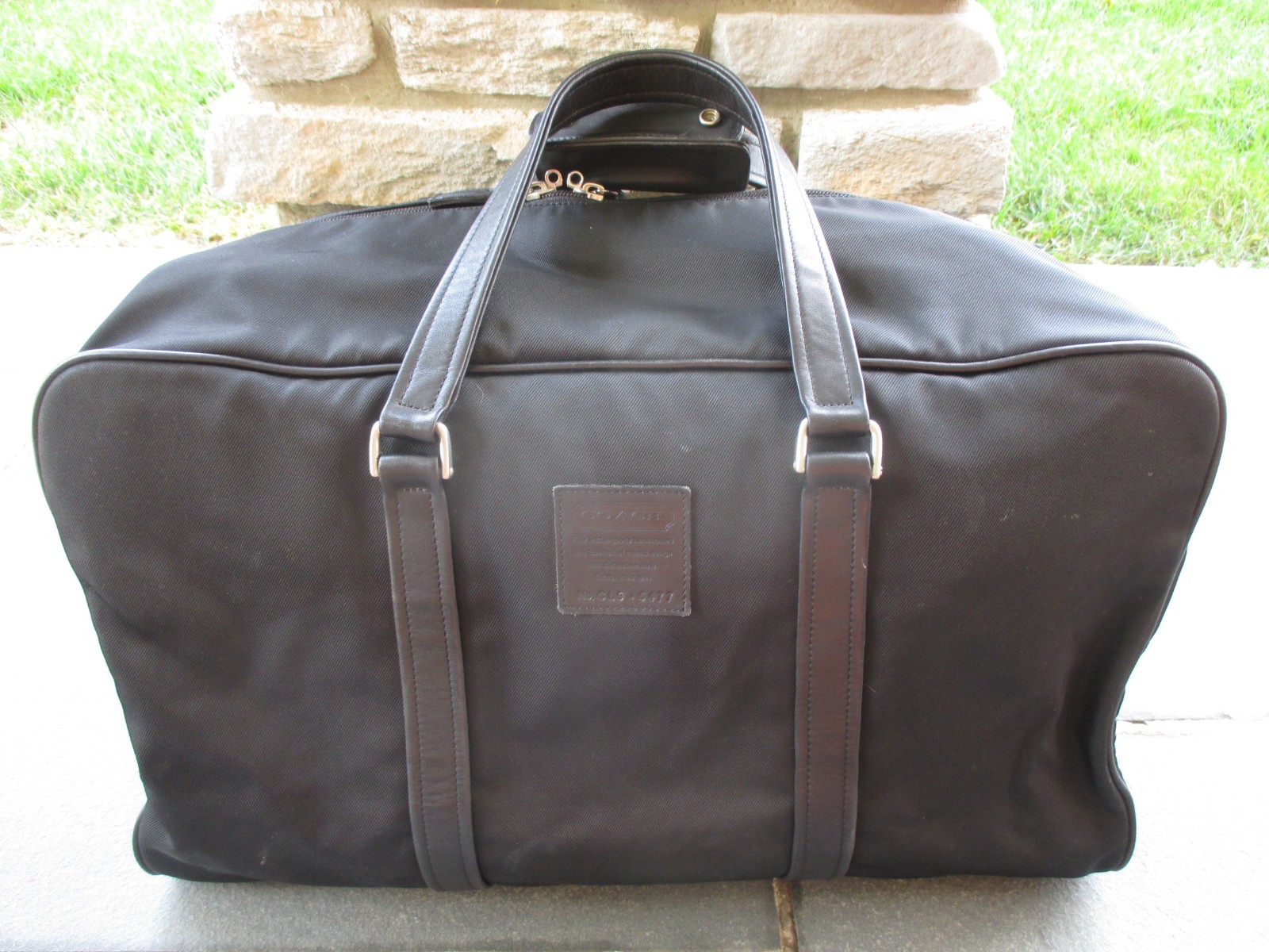 COACH Travel BLACK Nylon DUFFEL BAG Leather Trim WEEKENDER Carry-On LARGE 5477