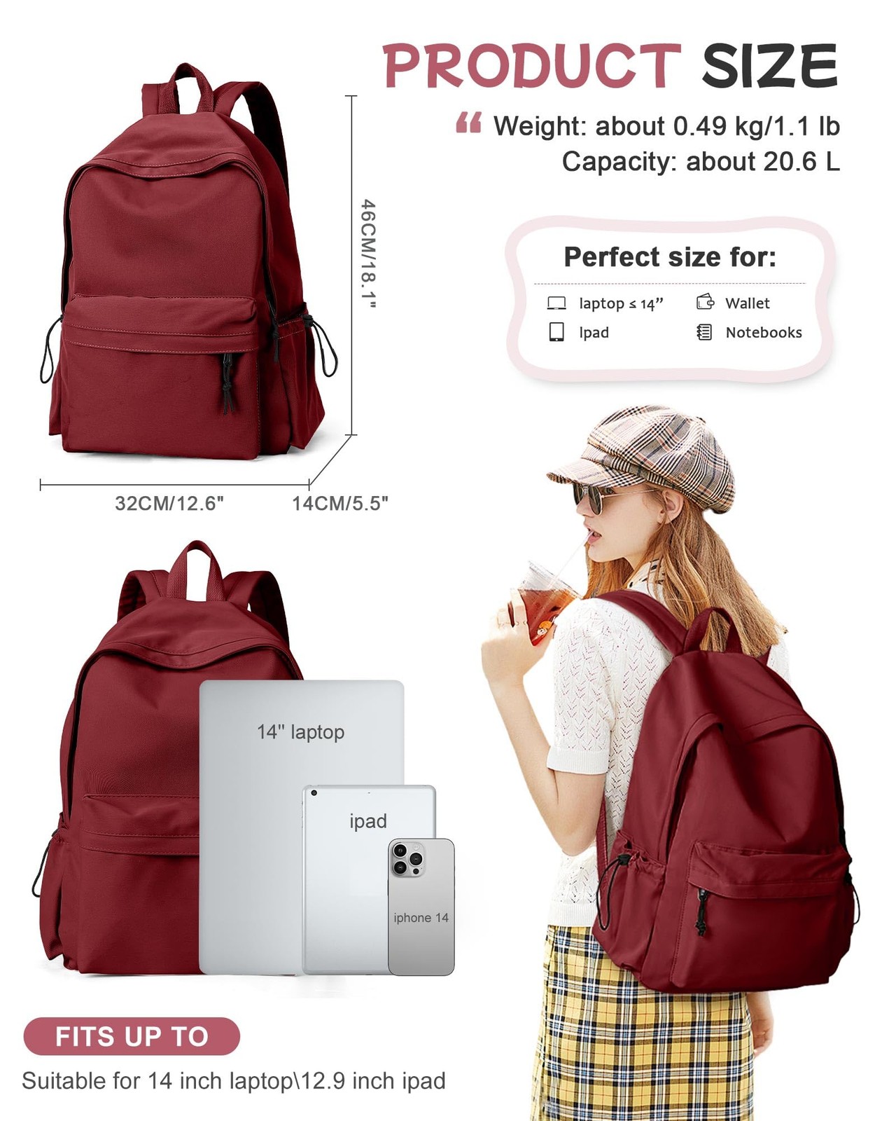 Red Lightweight Basic Backpack for High SchoolCollege Bookbag for WomensTrave…